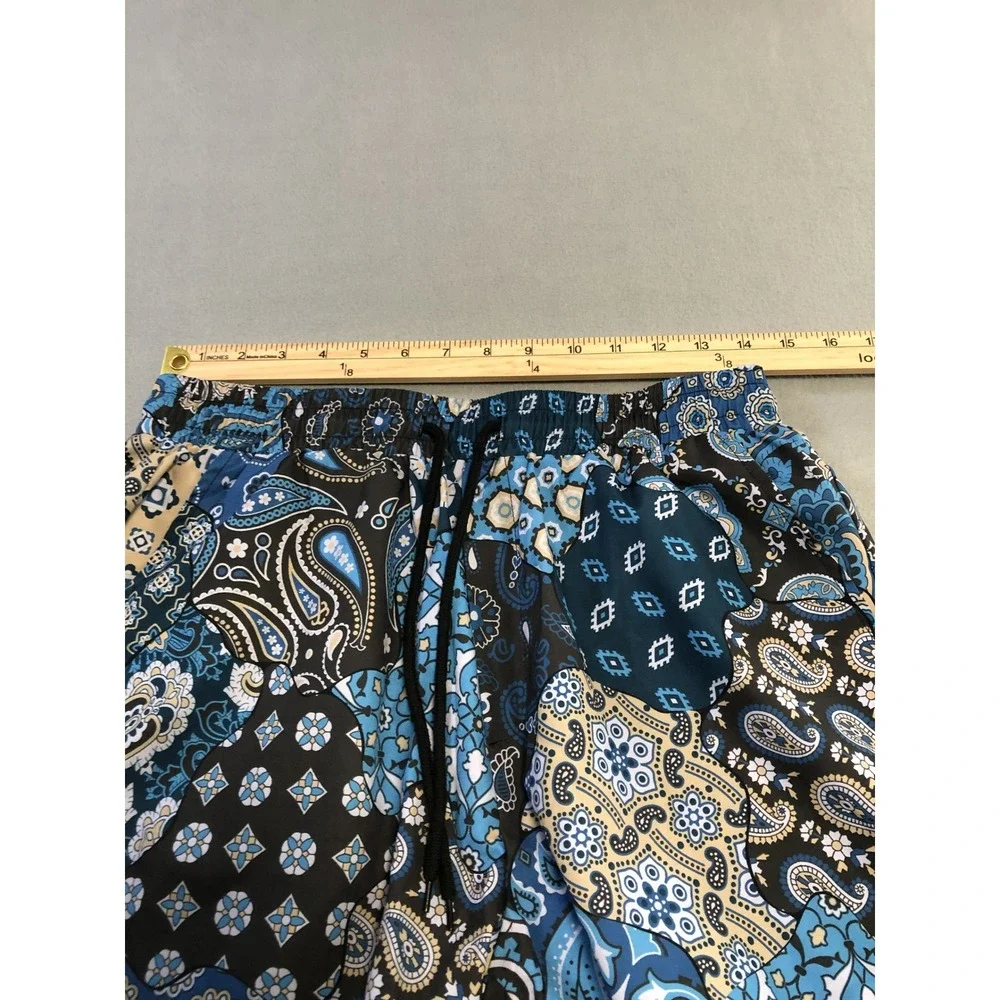 SHEIN Mens Patchwork Paisley Shorts Blue Black Drawstring Elastic Waist Size M